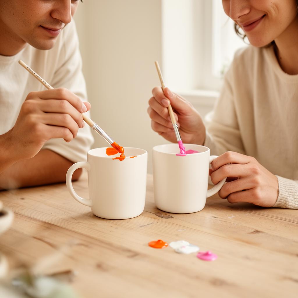 A couple painting ceramic mugs together