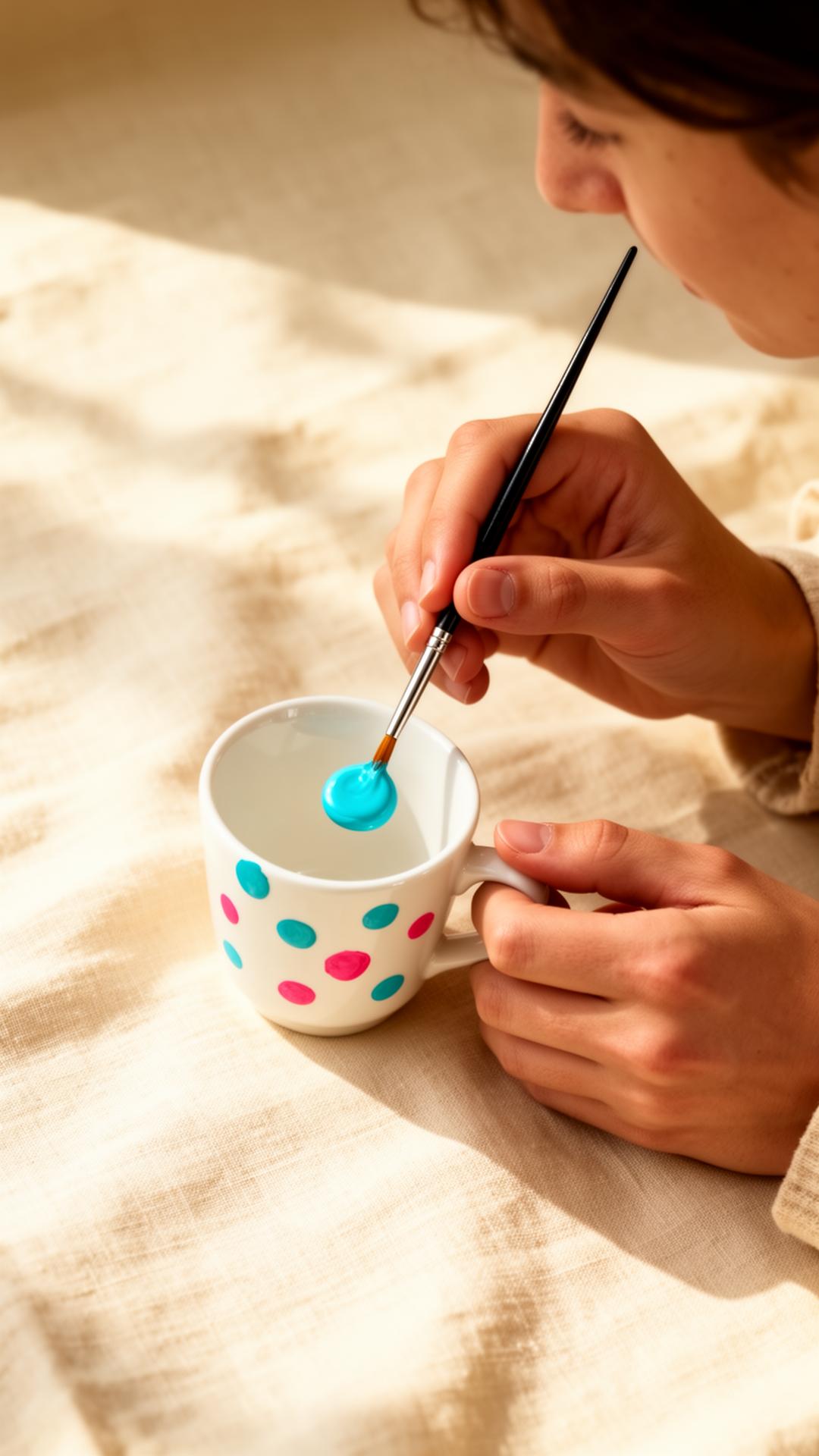 Hands painting a mug with cyan dots