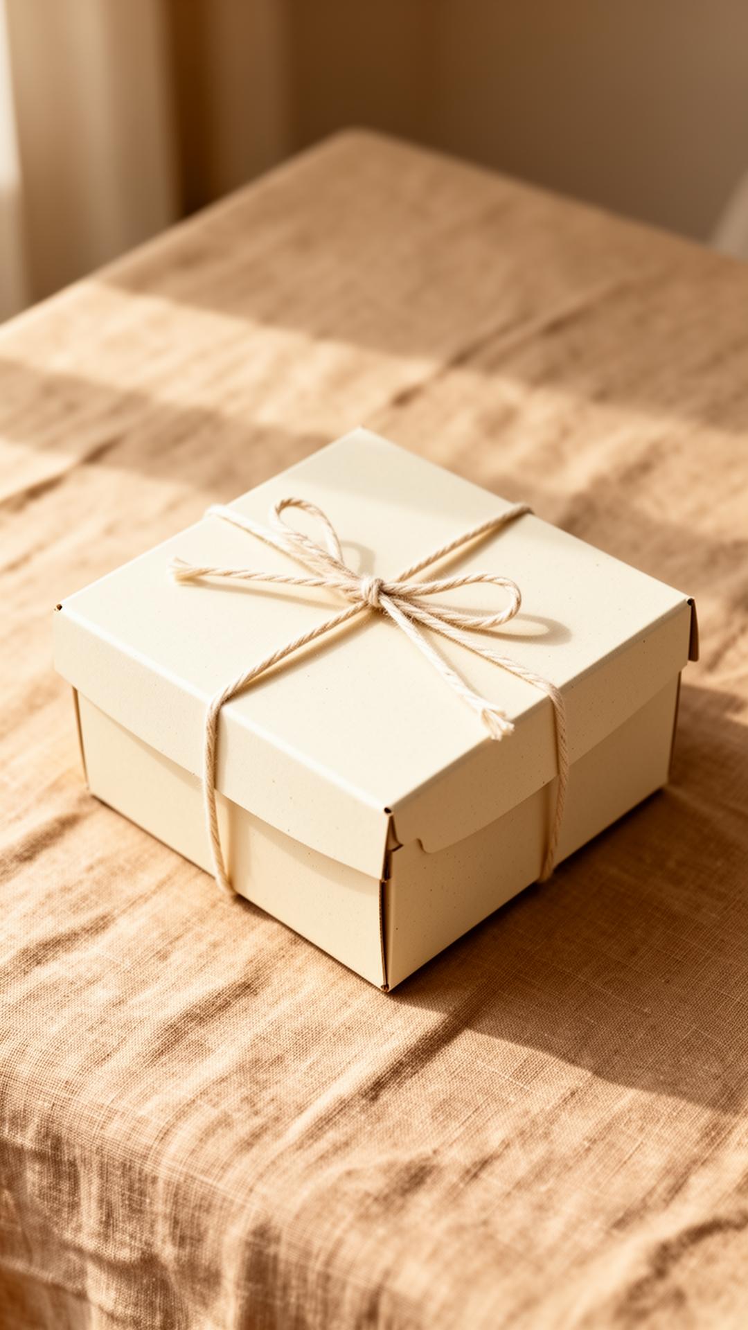Closed cream gift box with cotton ribbon