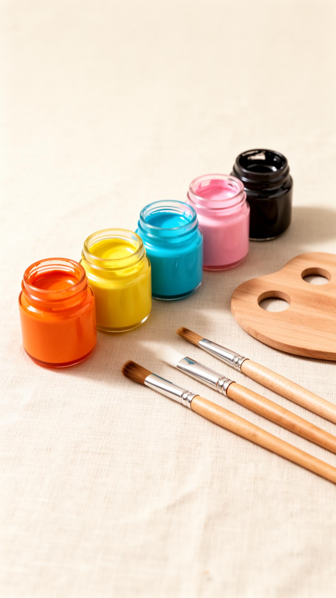 Six paint jars, three brushes and a wooden palette