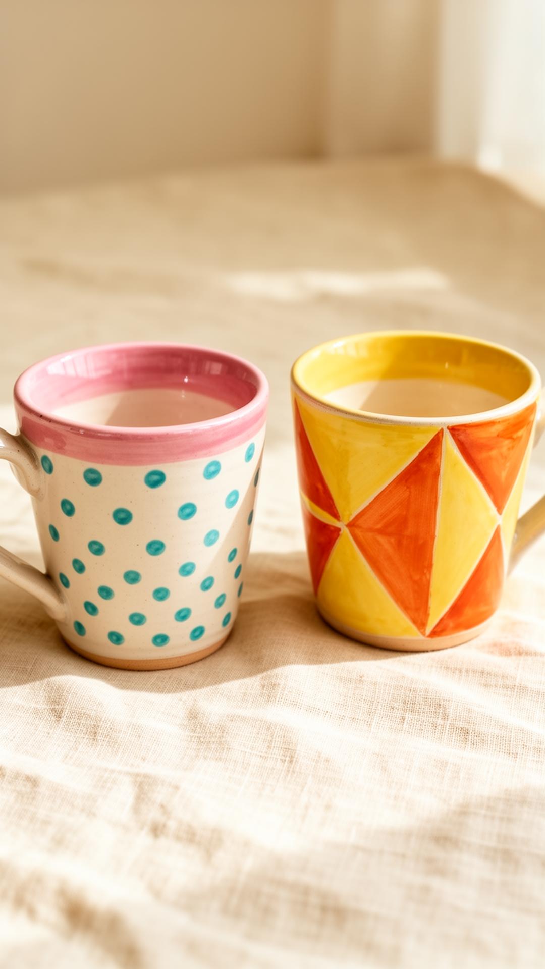 Two finished mugs, dots and geometric shapes