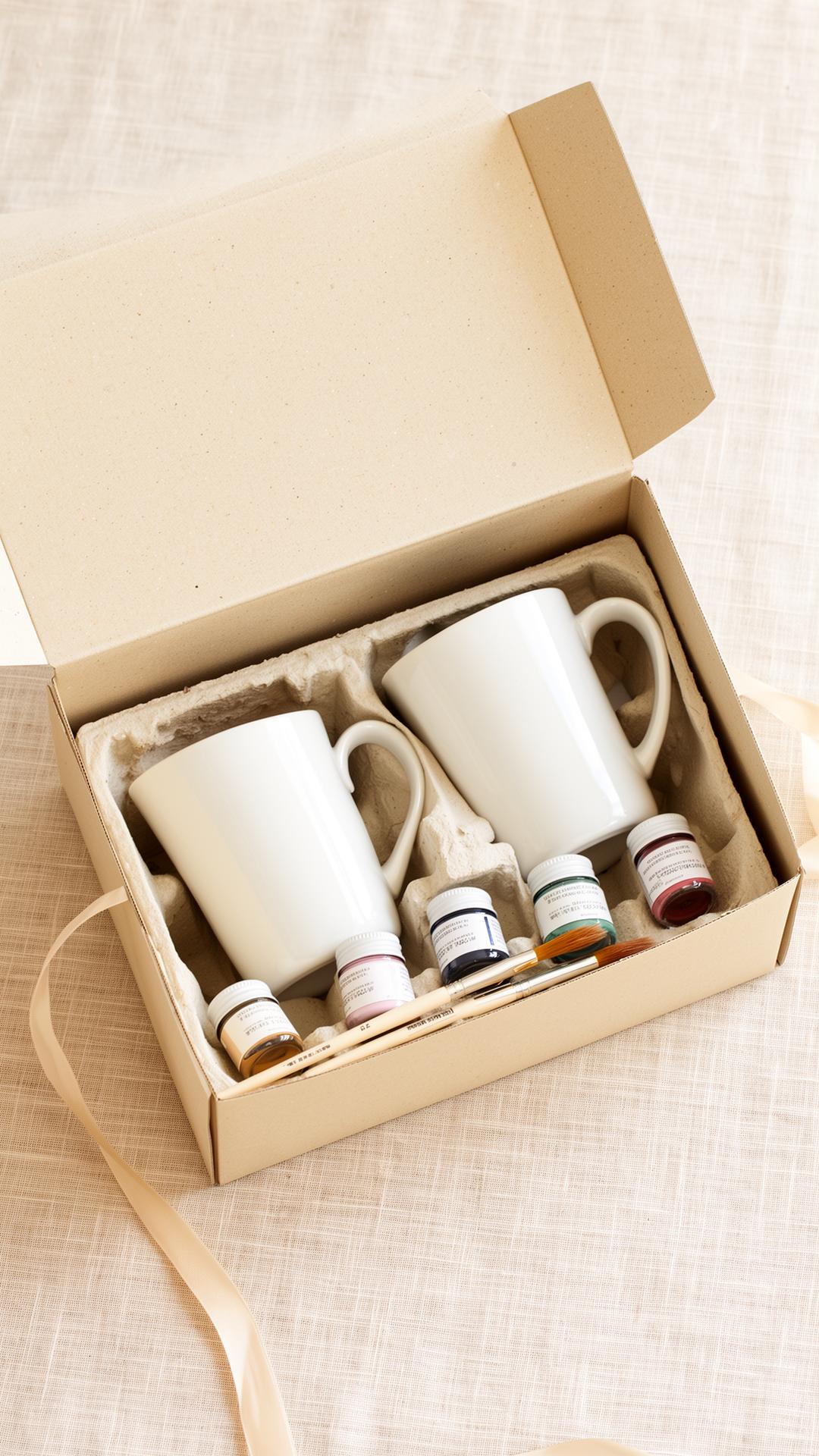 Opened box with the two mugs nested inside